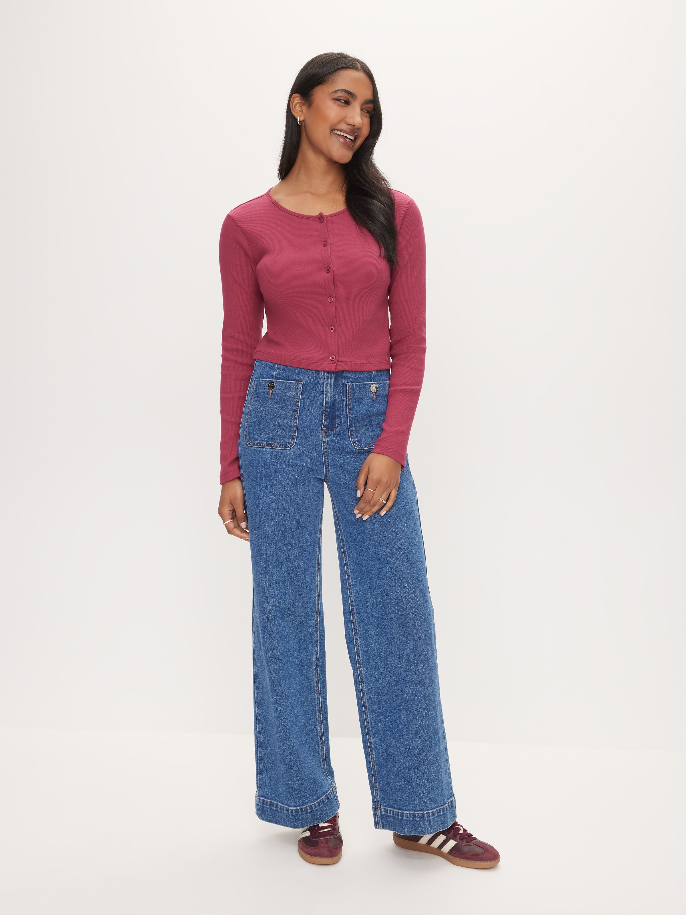 Long Sleeve Button Through Rib Top