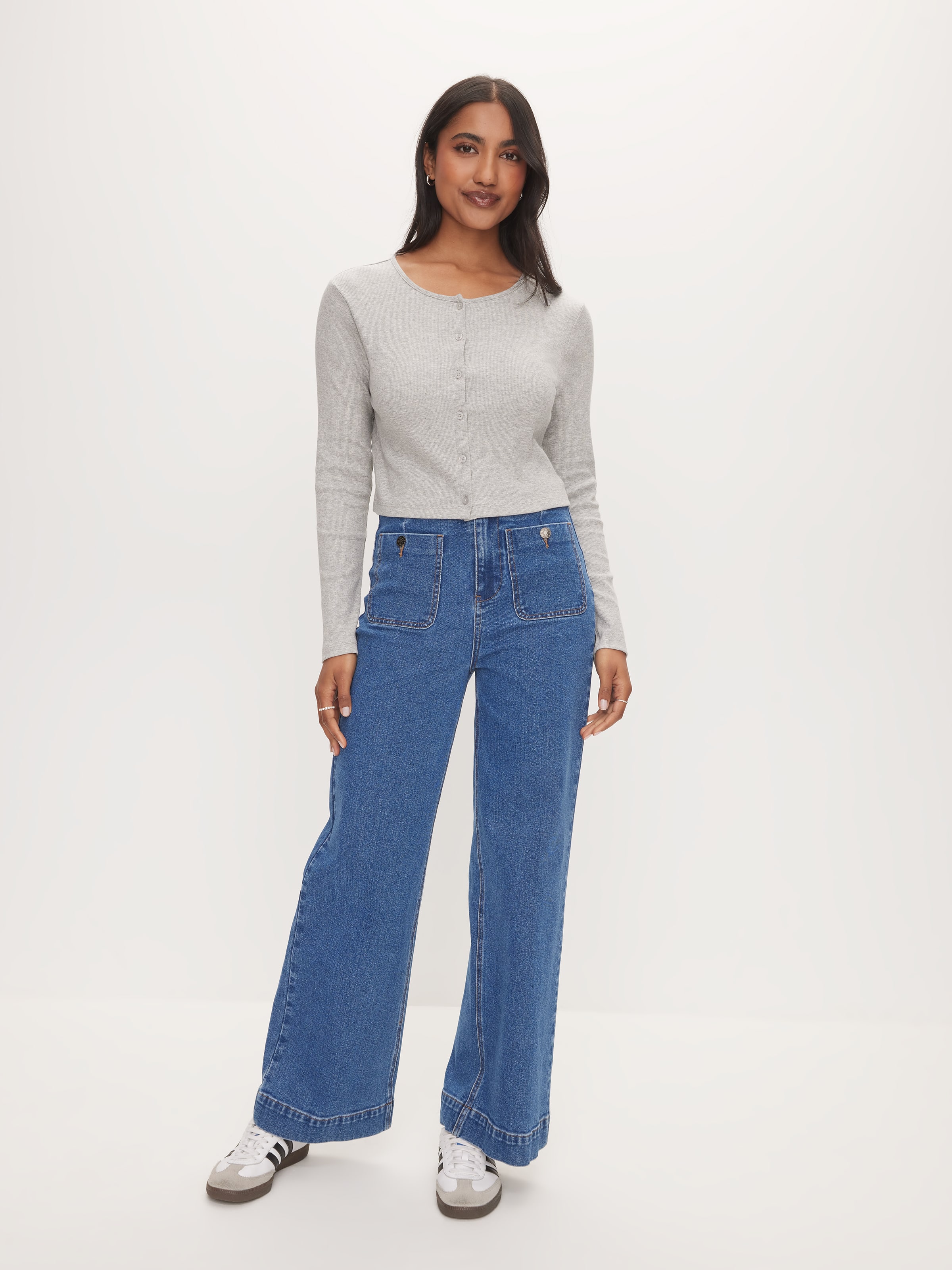 Long Sleeve Button Through Rib Top