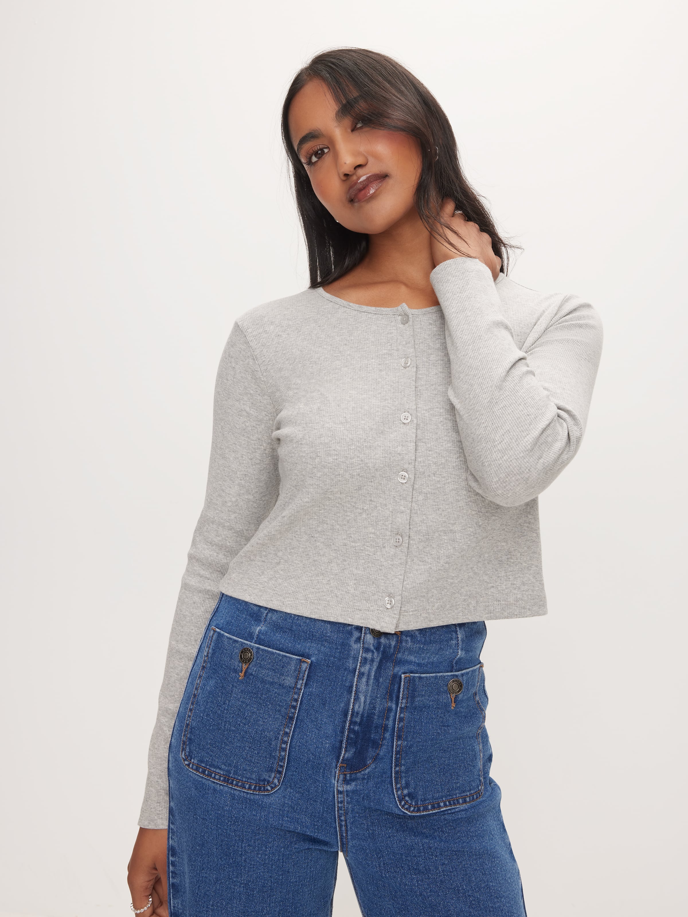 Long Sleeve Button Through Rib Top