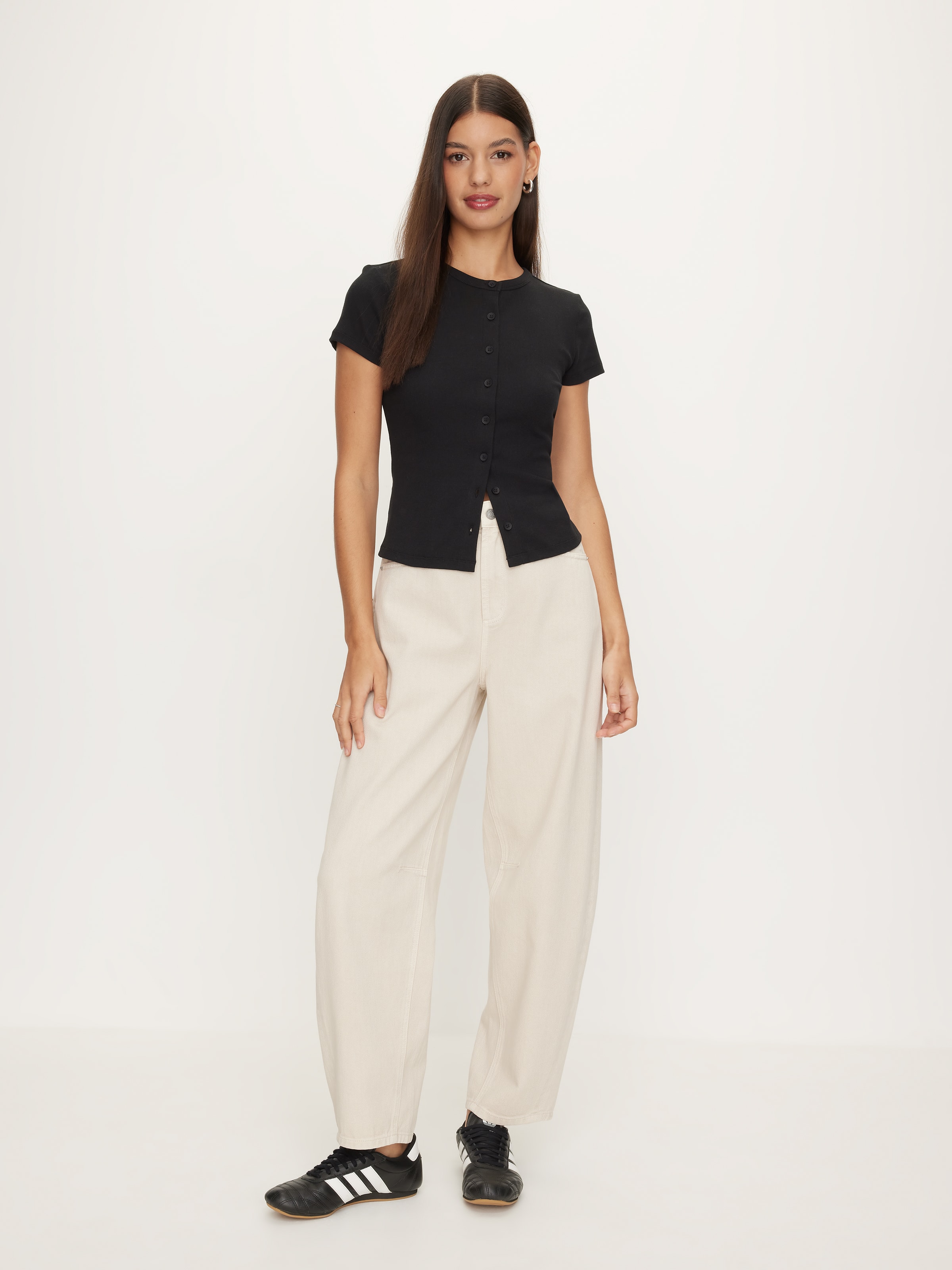 Rib Button Through Short Sleeve Top