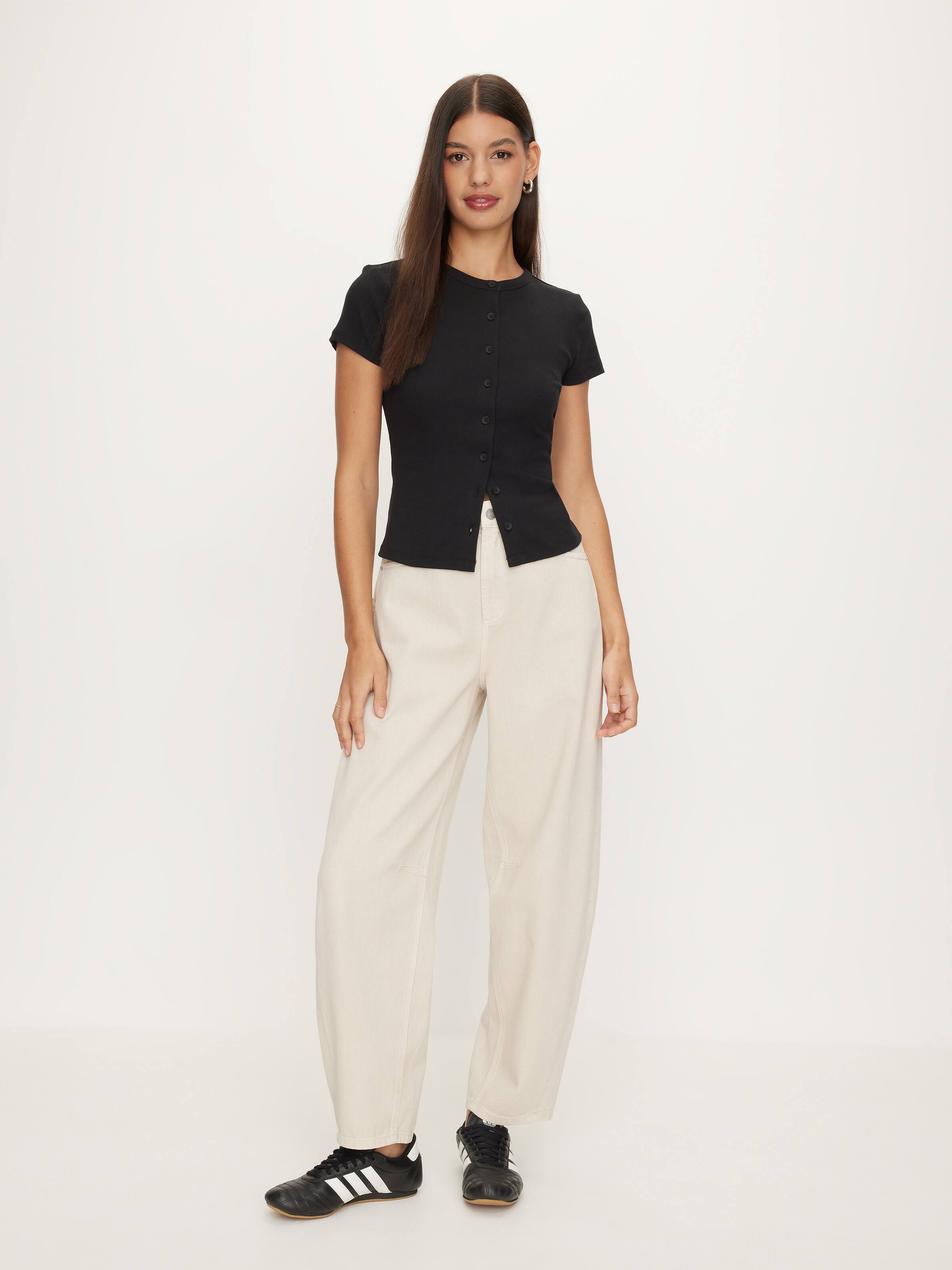 Rib Button Through Short Sleeve Top