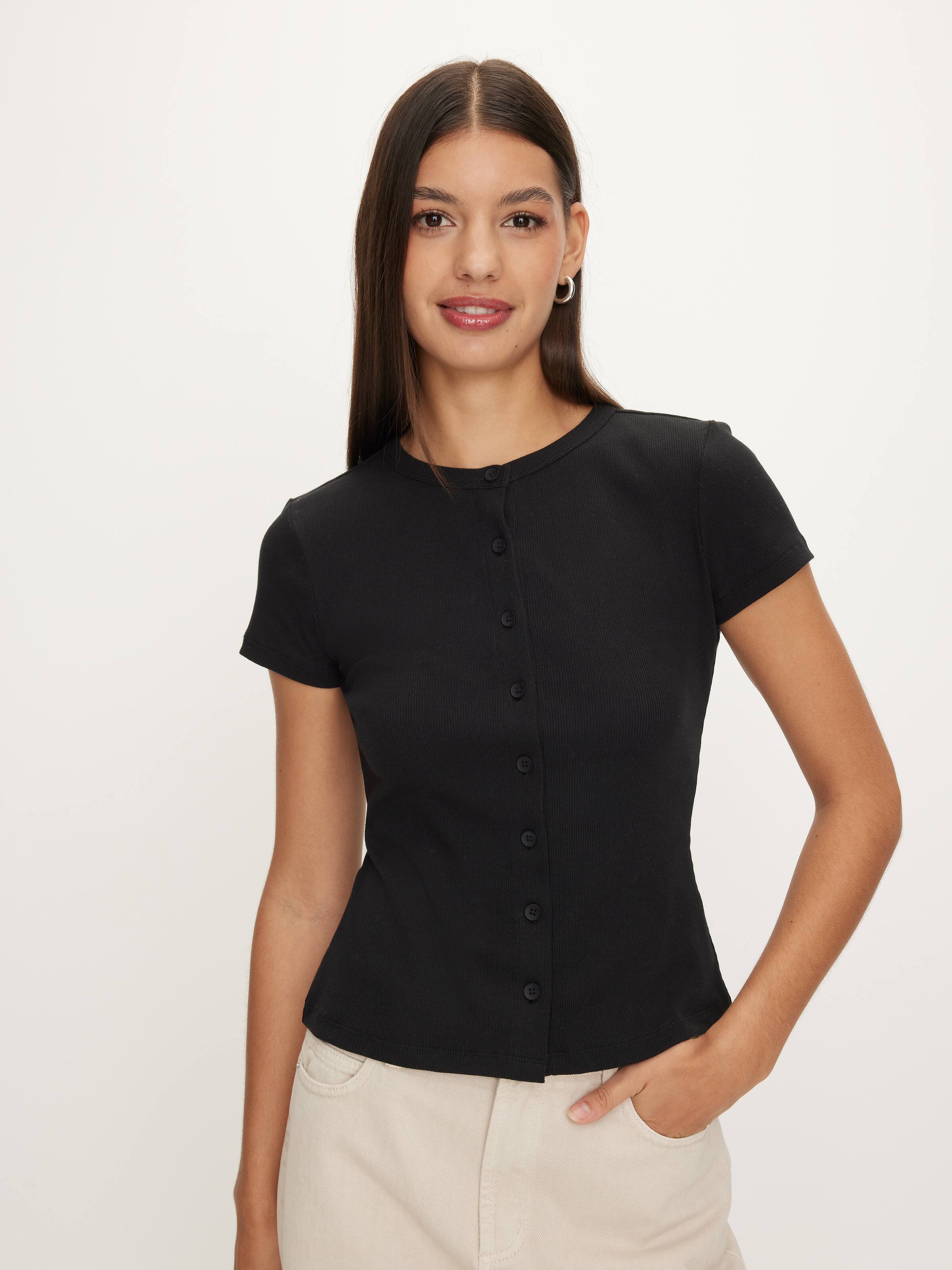 Rib Button Through Short Sleeve Top