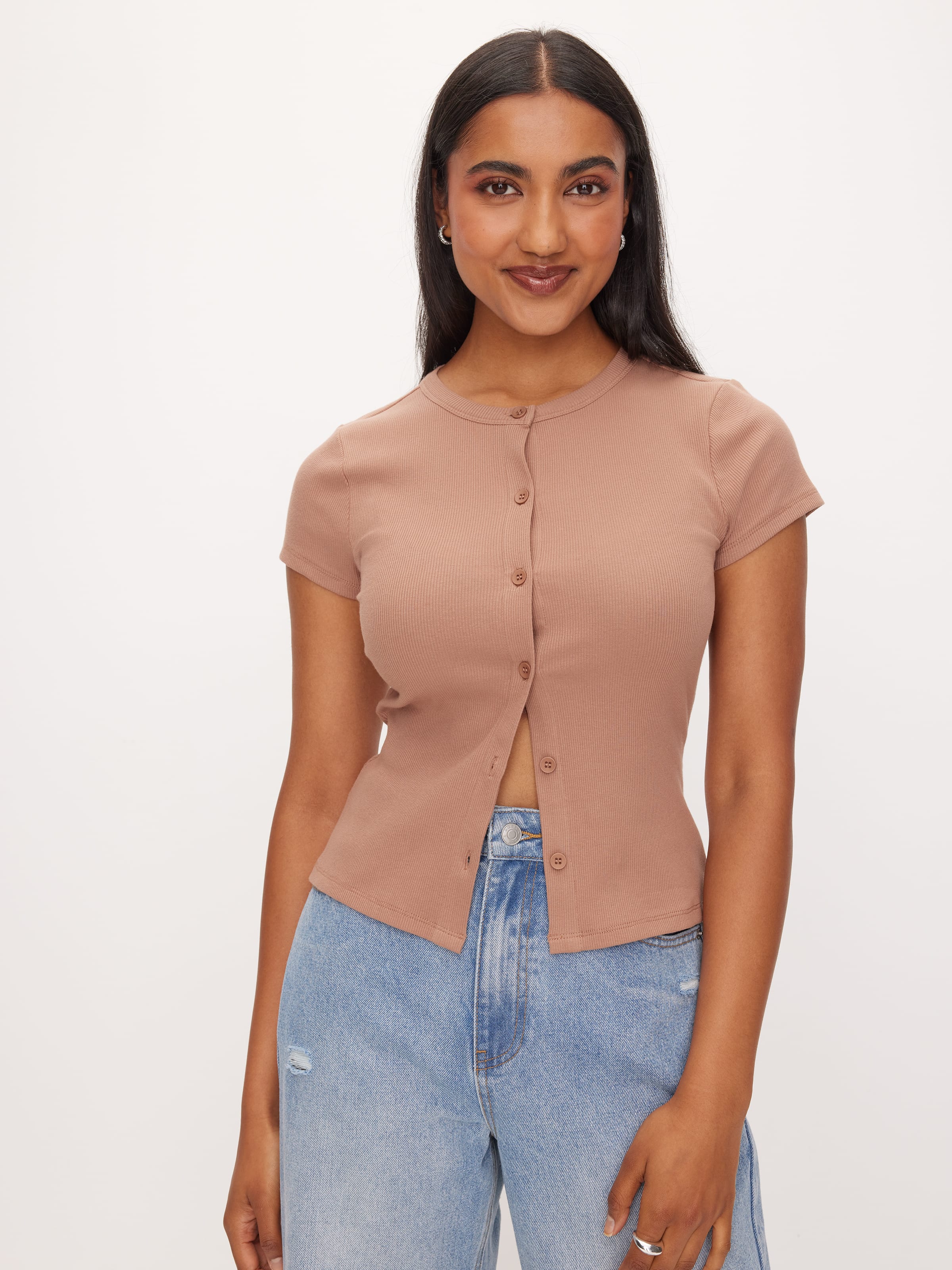 Rib Button Through Short Sleeve Top