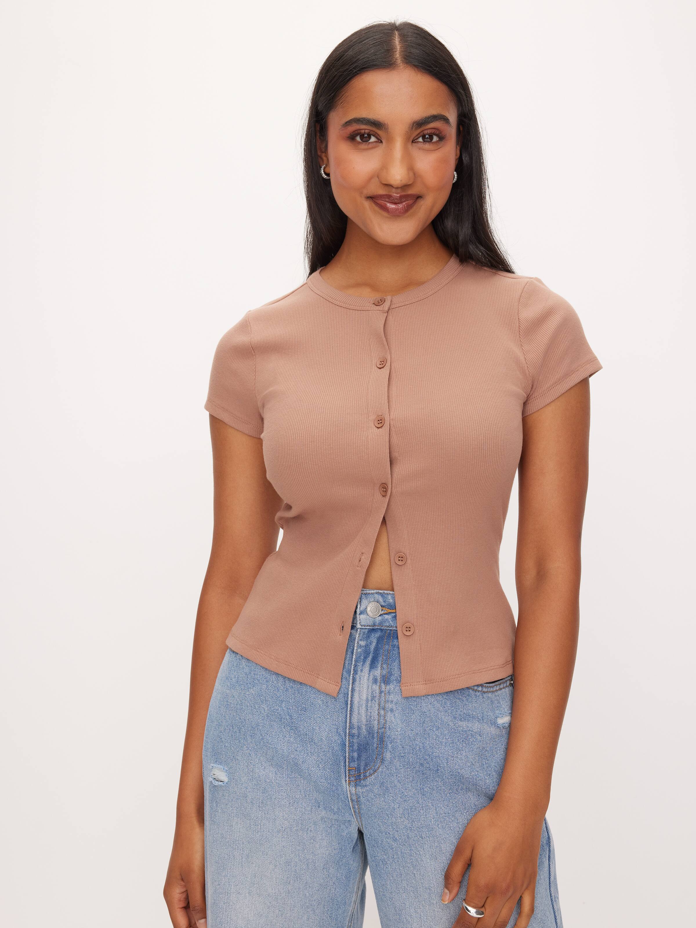 Rib Button Through Short Sleeve Top