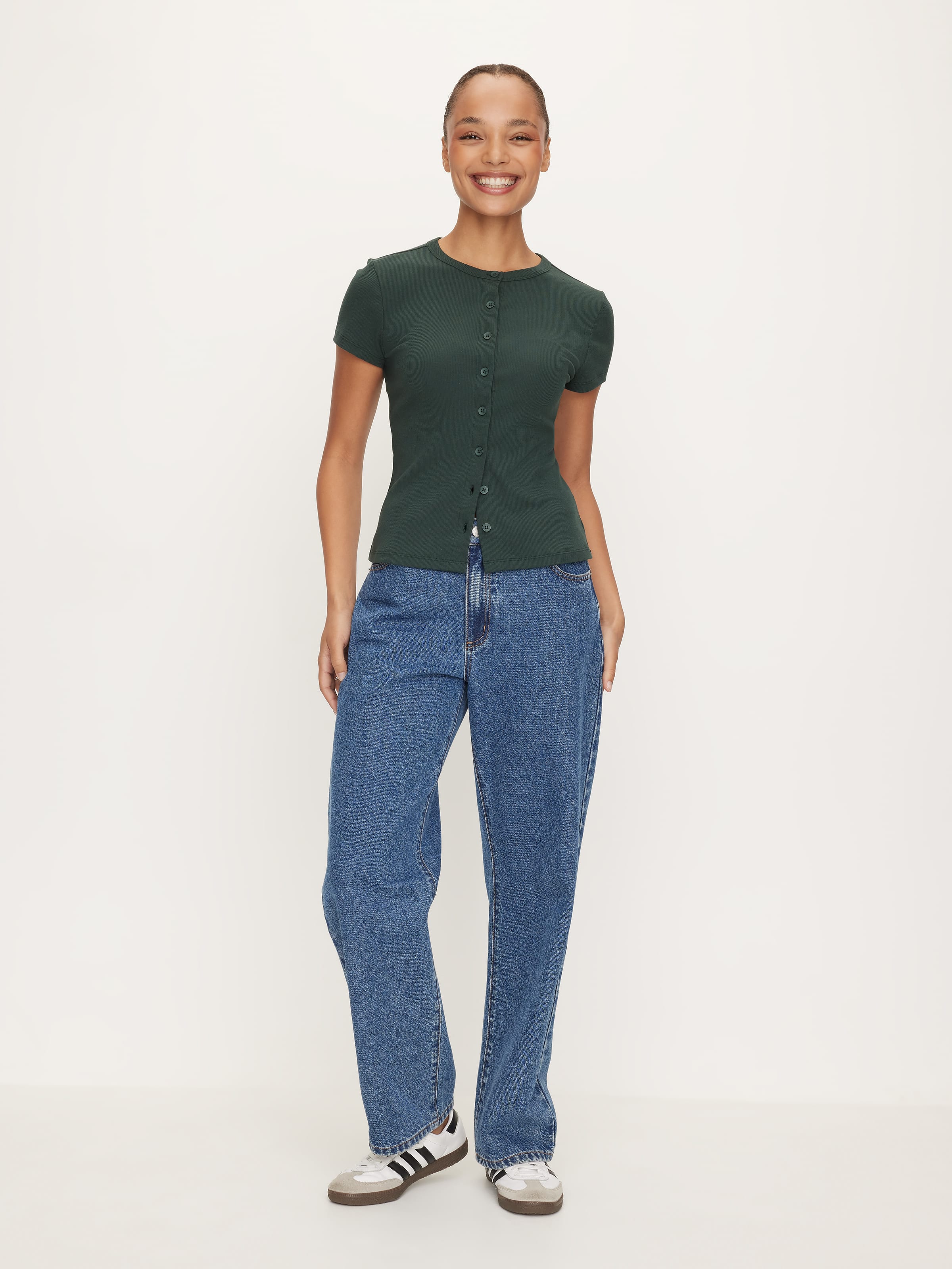 Rib Button Through Short Sleeve Top