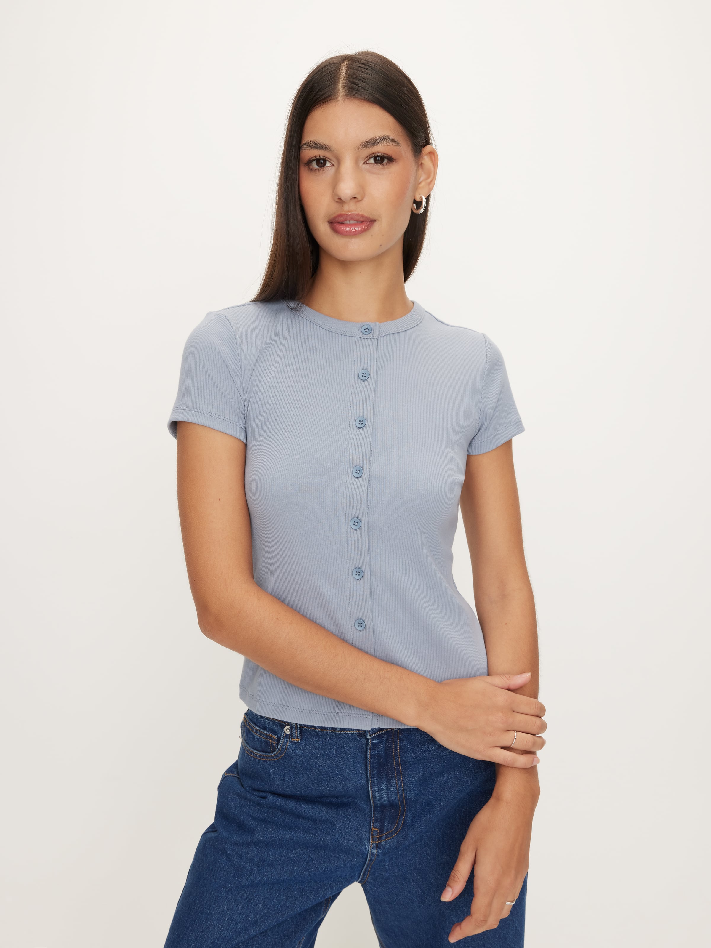 Rib Button Through Short Sleeve Top