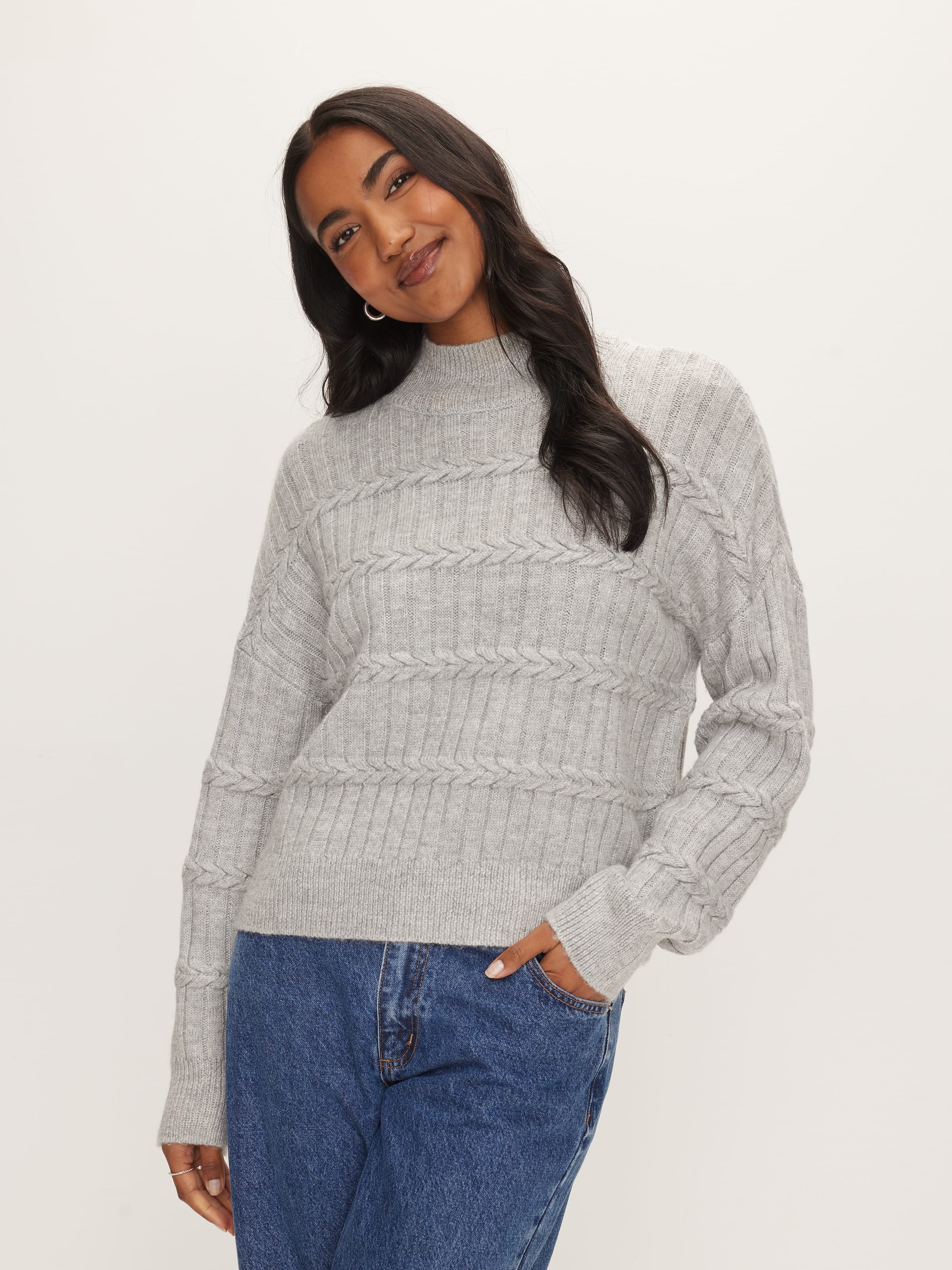 Braid Long Sleeve Mock Neck Knit