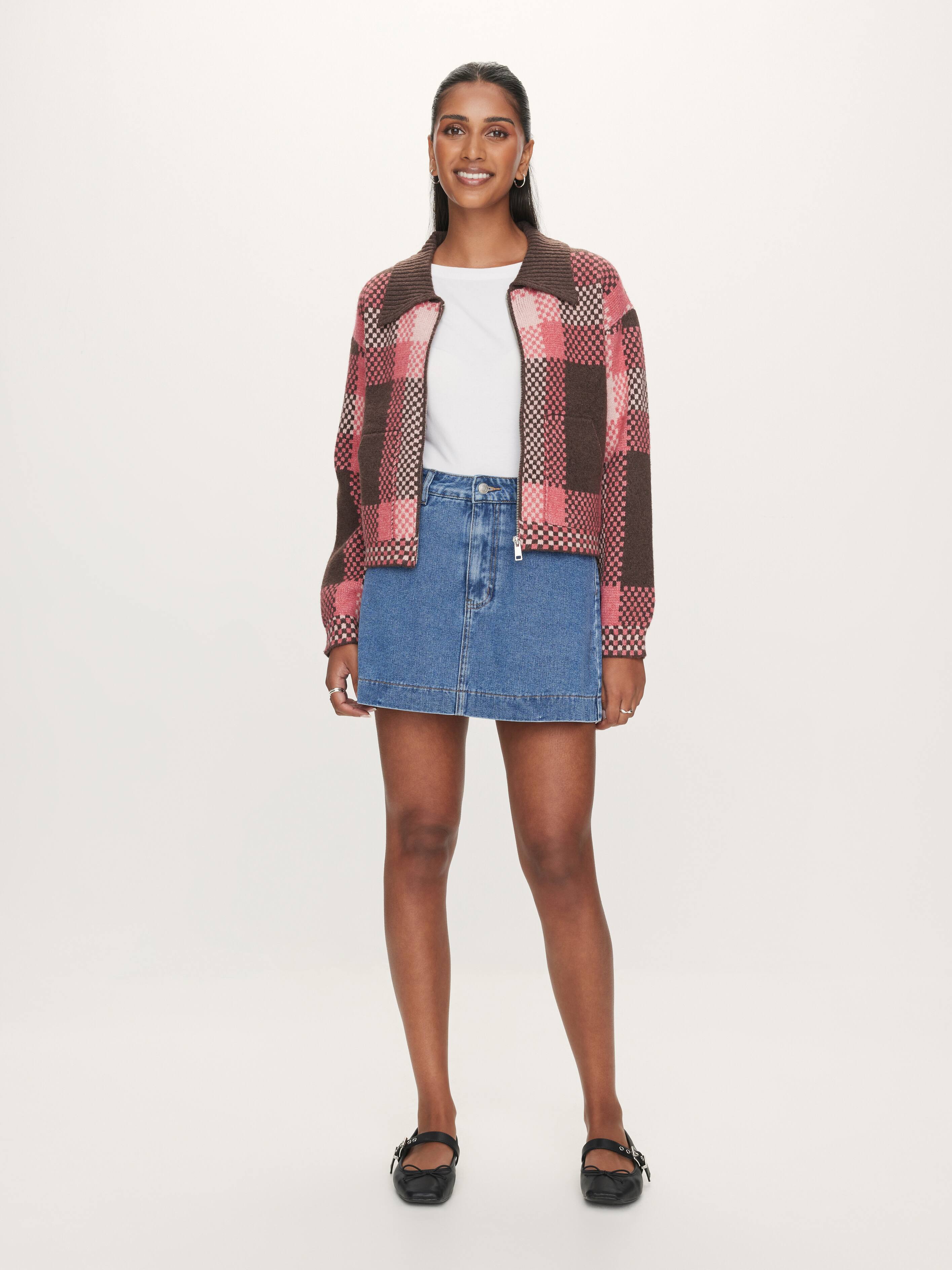Brandi Check Knit Bomber Jacket