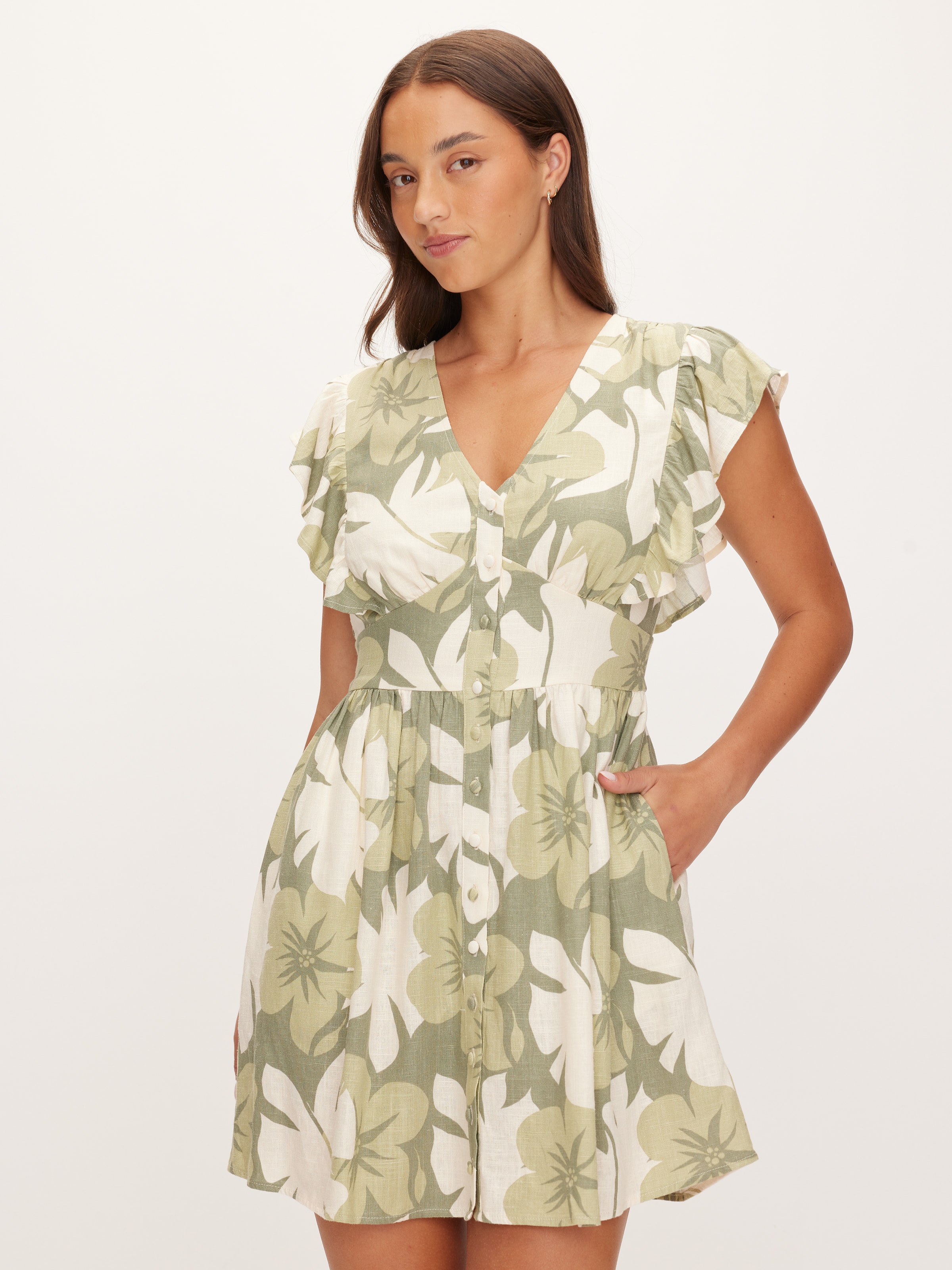dotti green floral dress Dotti V Neck Empire Waist Button Down Green Floral Dress Size Jr 13/14