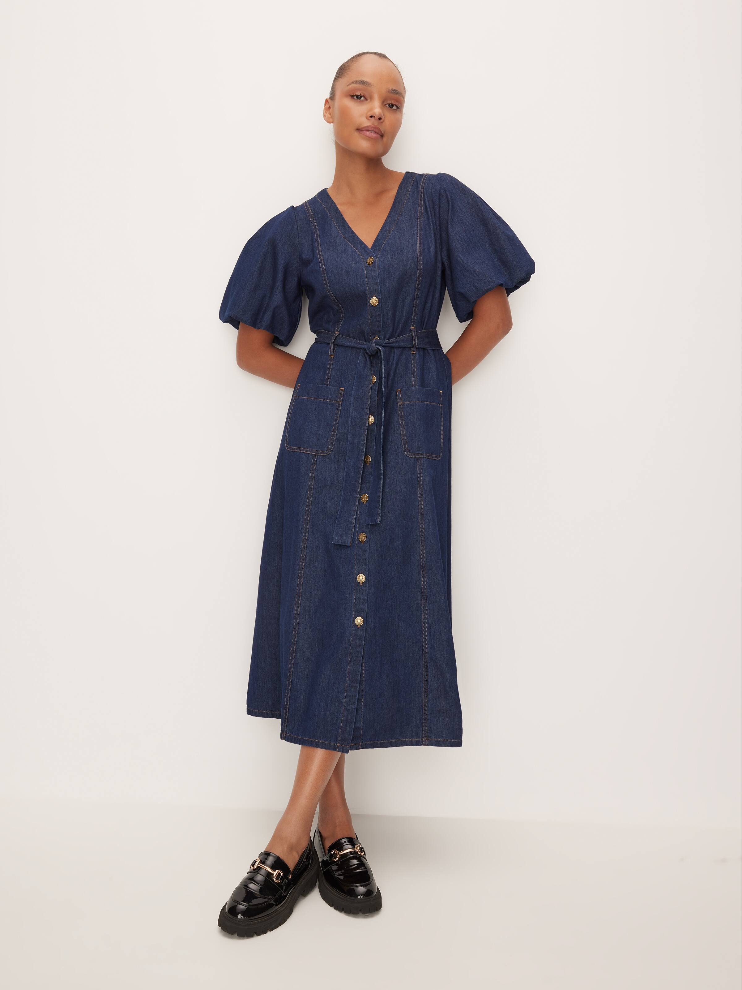 dotti denim dress come & try on our new denim midi dress with us , #letsdotti