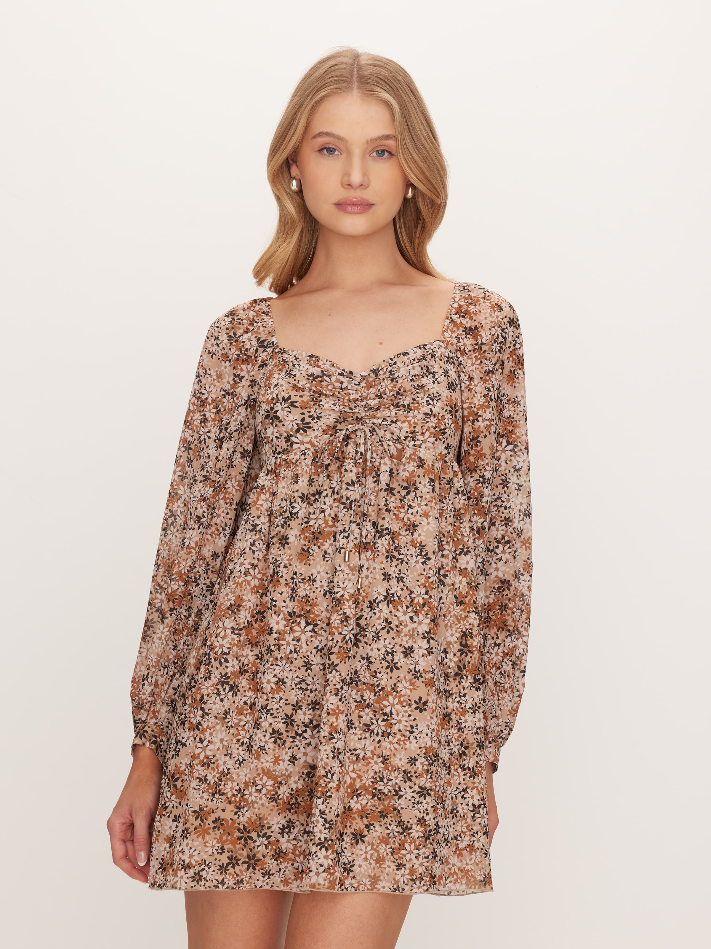 long sleeve short dress white Cream Floral Lace Long Sleeve Mini Dress