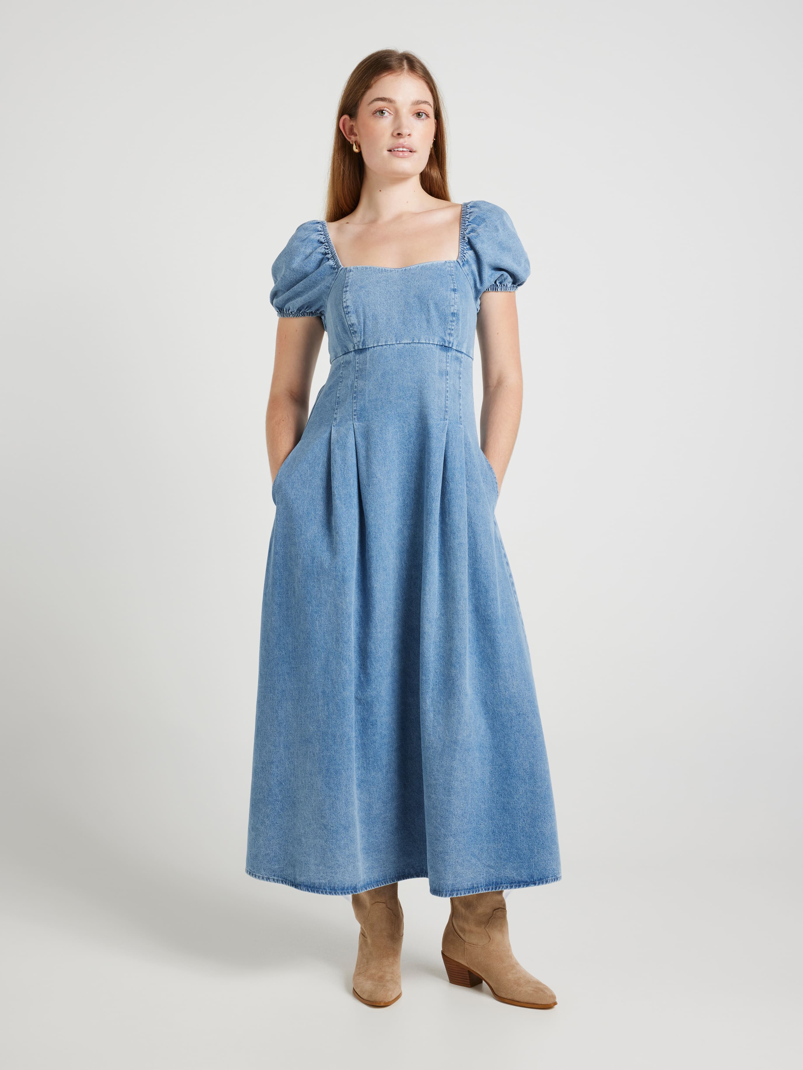 Dahlia Puff Sleeve Denim Midi Dress
