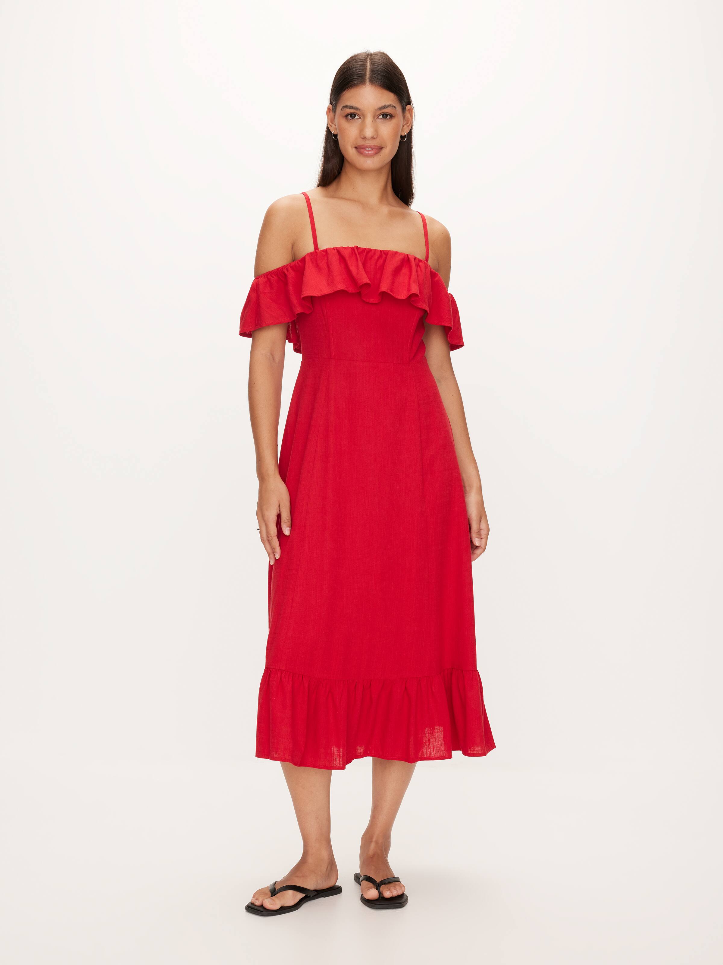 Frill Linen Blend Midi Dress