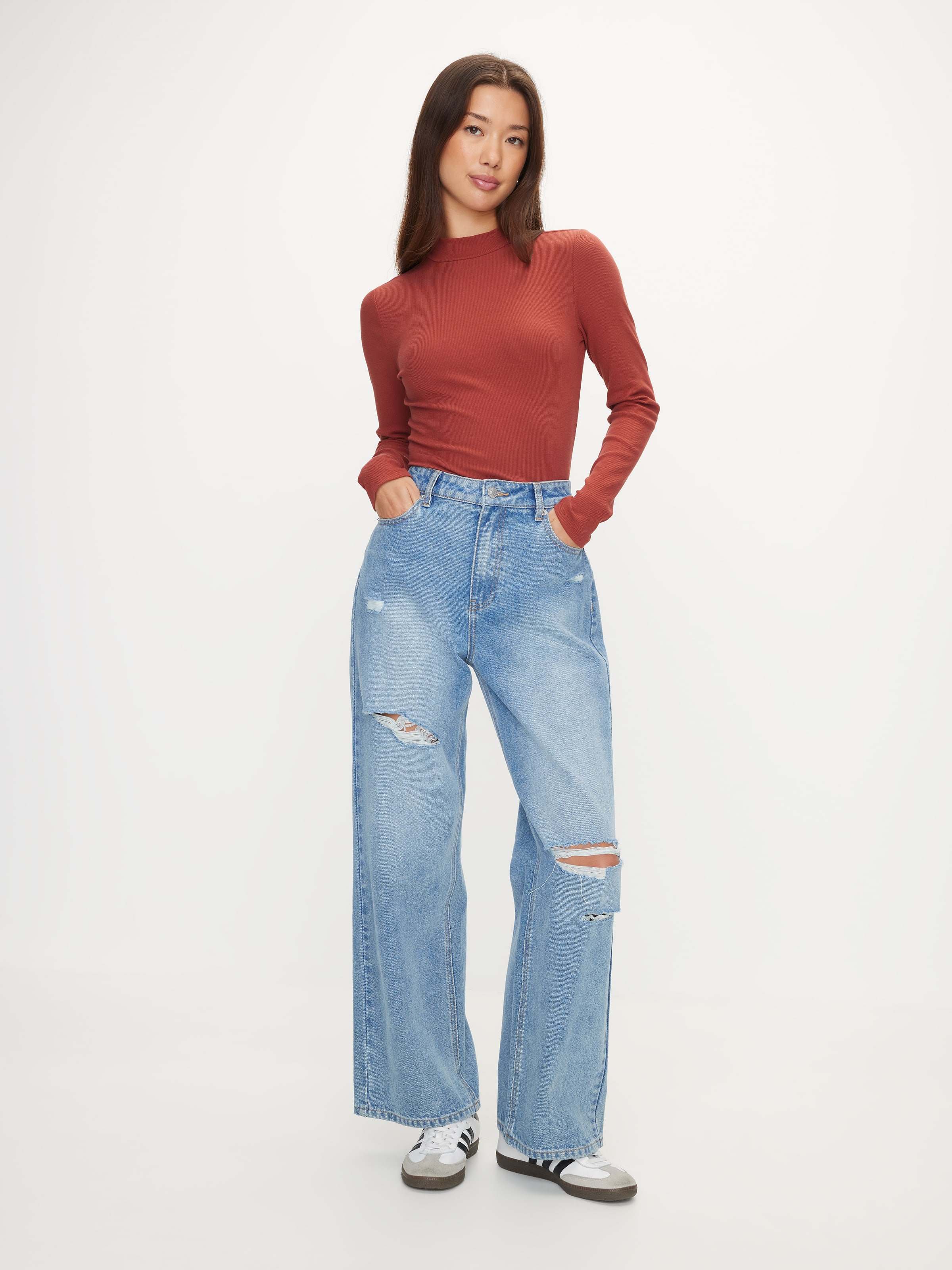 Mock Neck Rib Long Sleeve Top