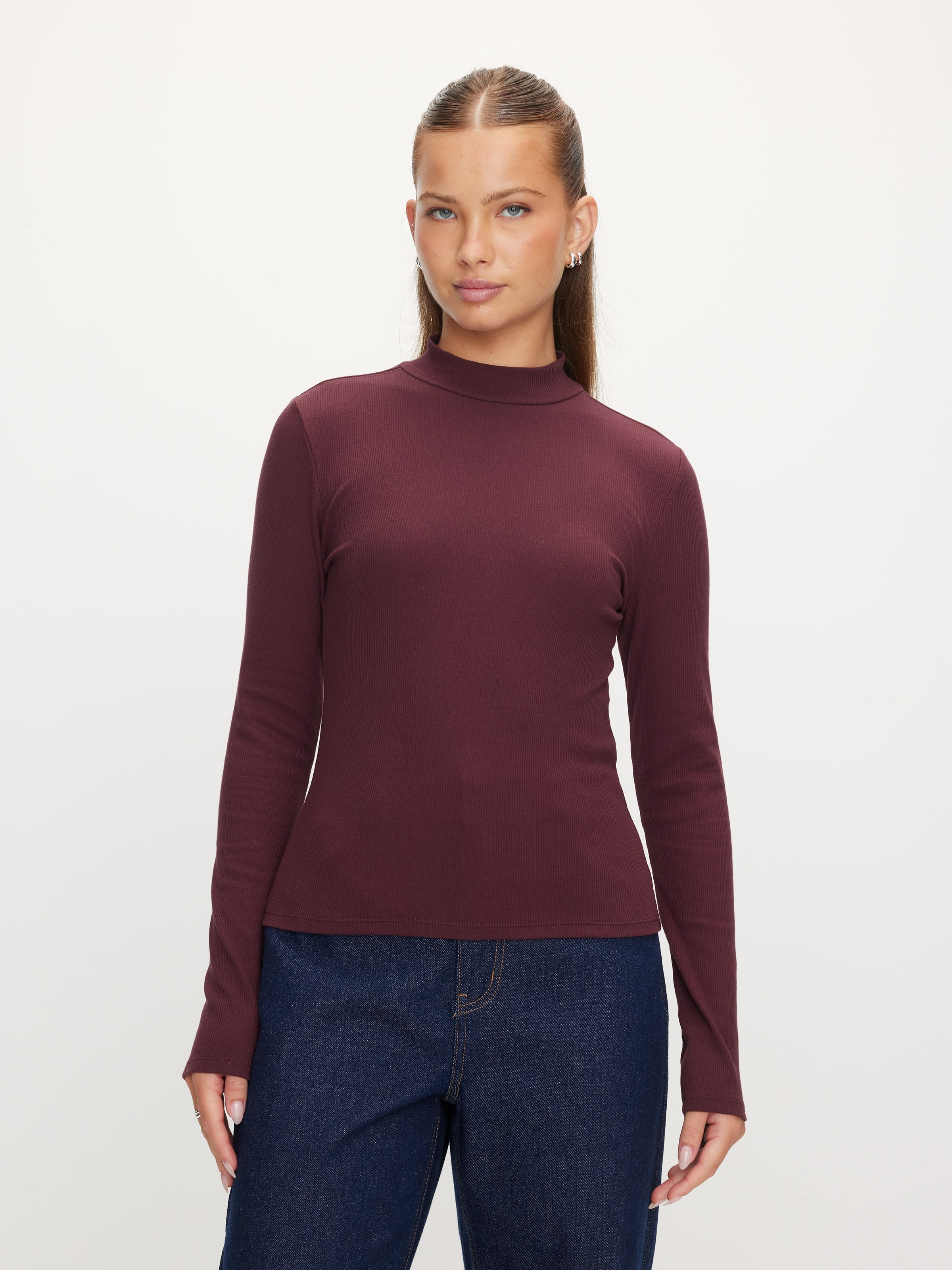 Mock Neck Rib Long Sleeve Top