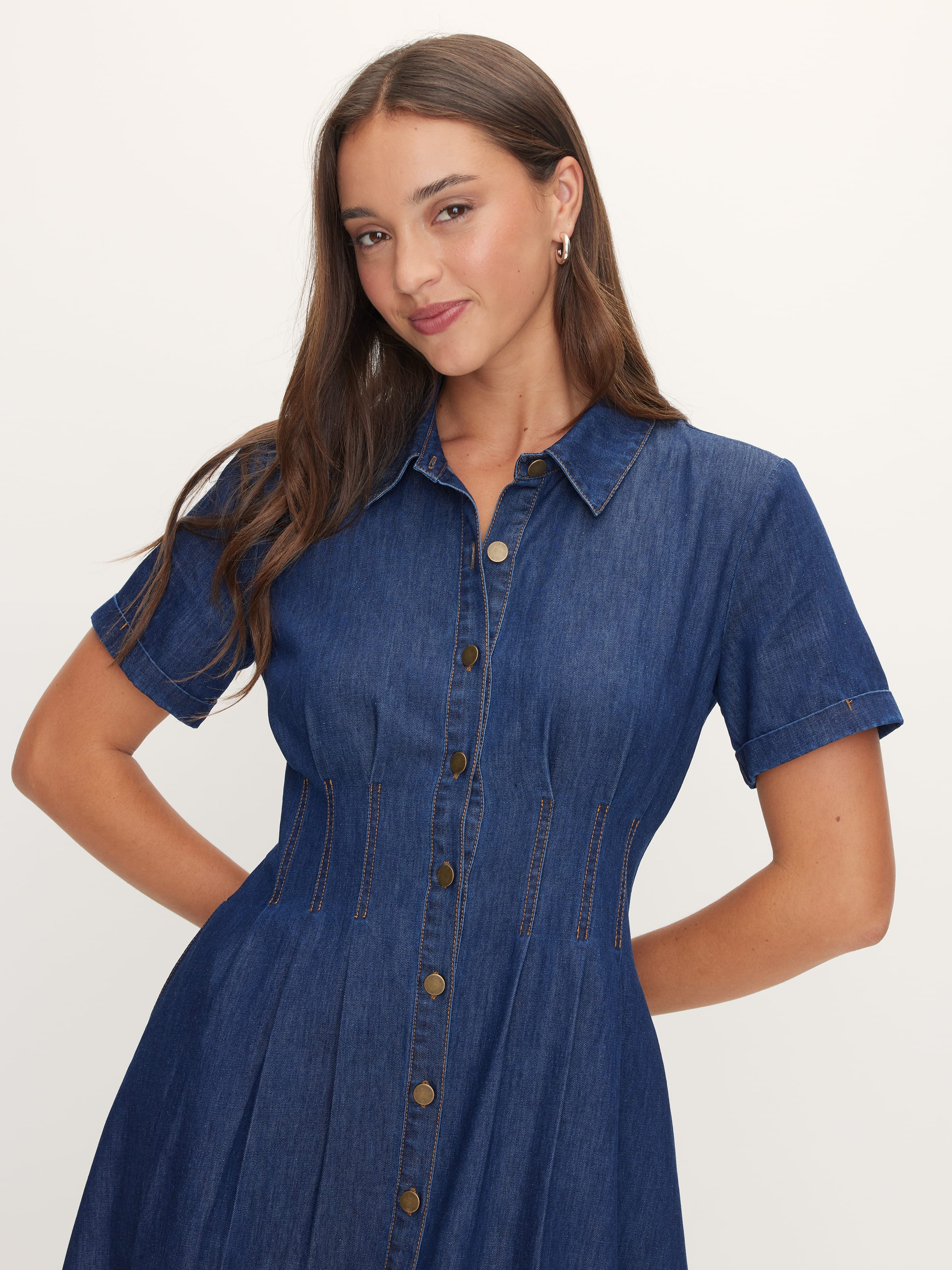 Crystal Short Sleeve Denim Midi Dress