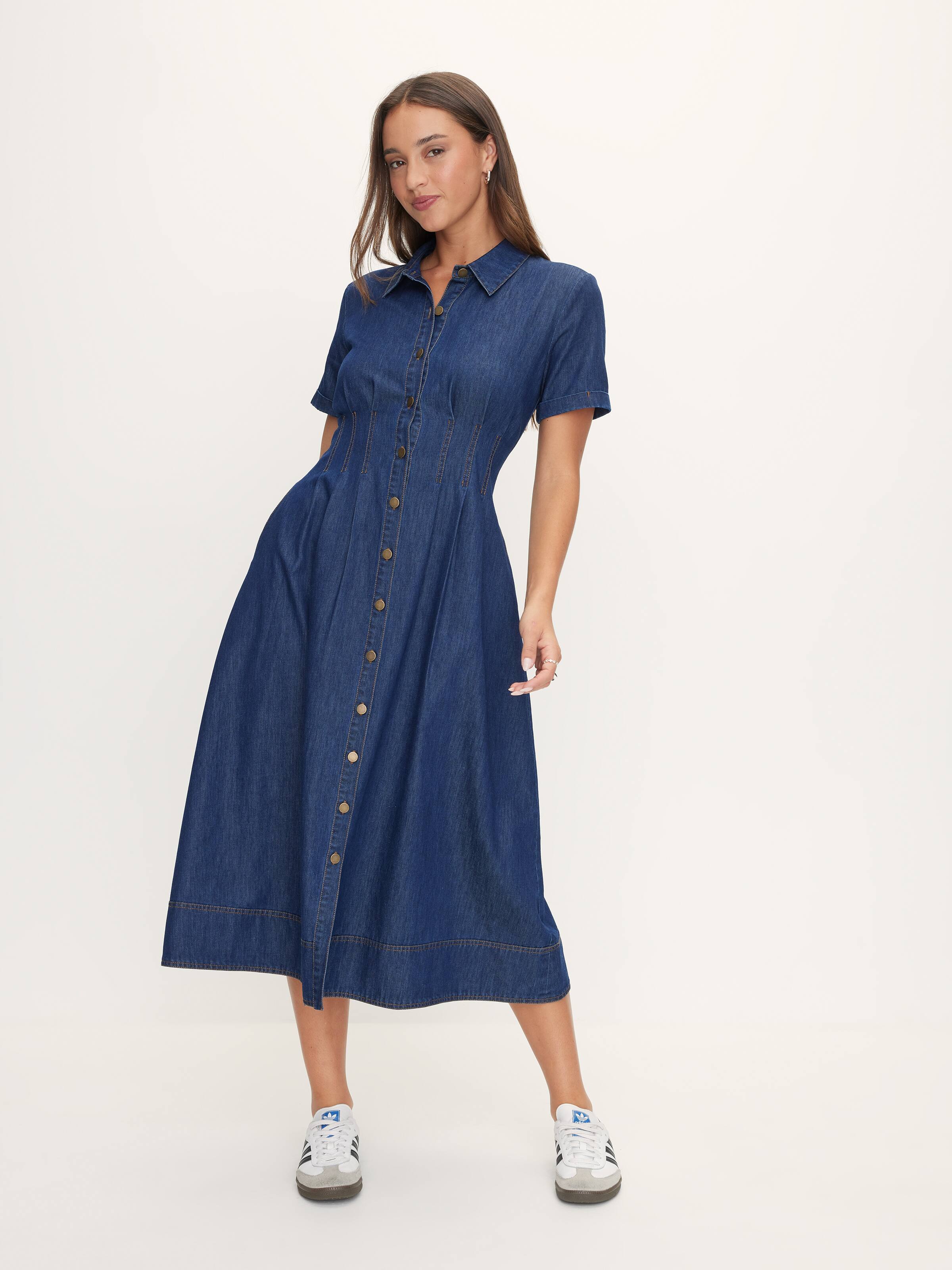 Crystal Short Sleeve Denim Midi Dress