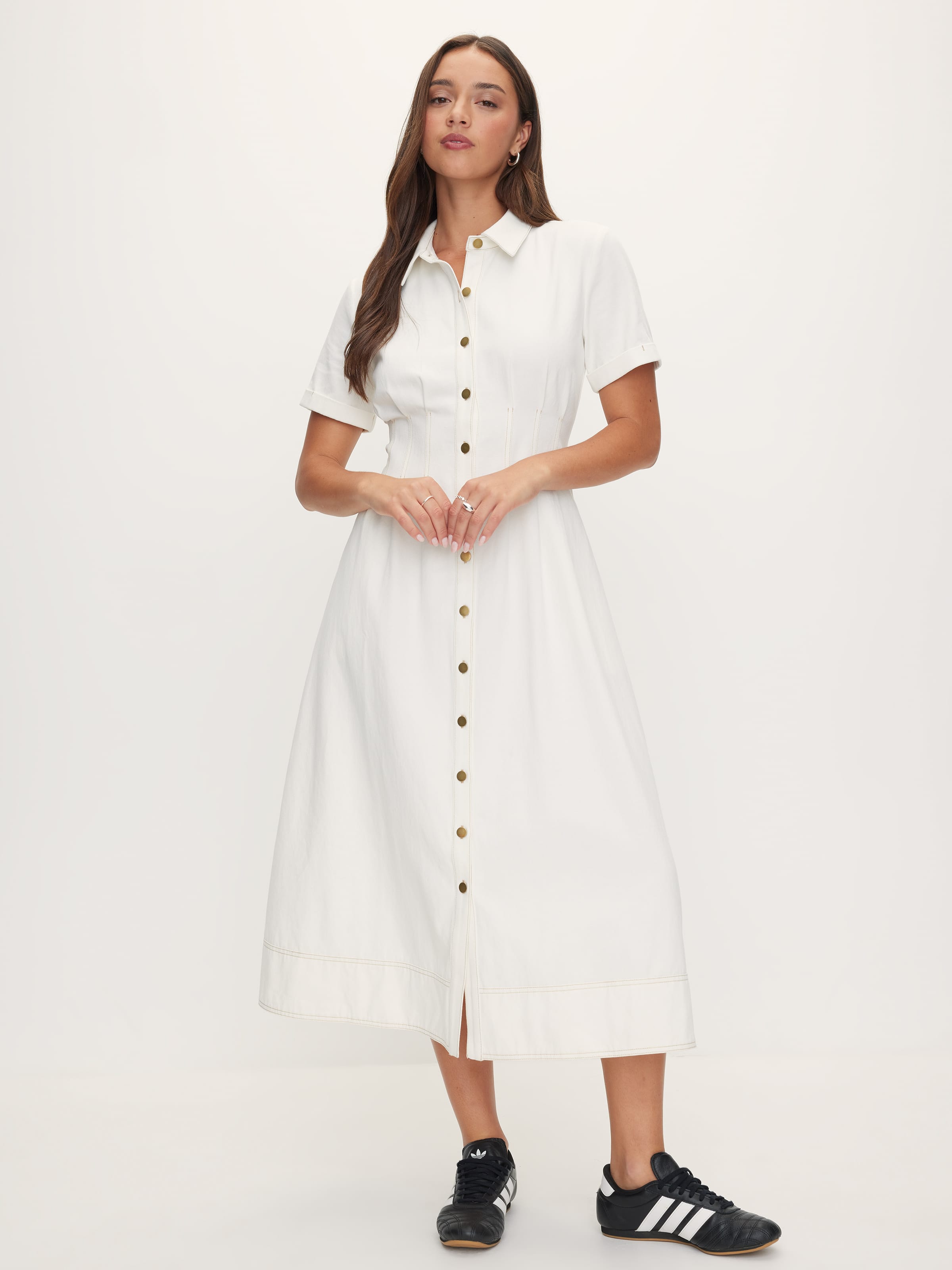 Crystal Short Sleeve Denim Midi Dress