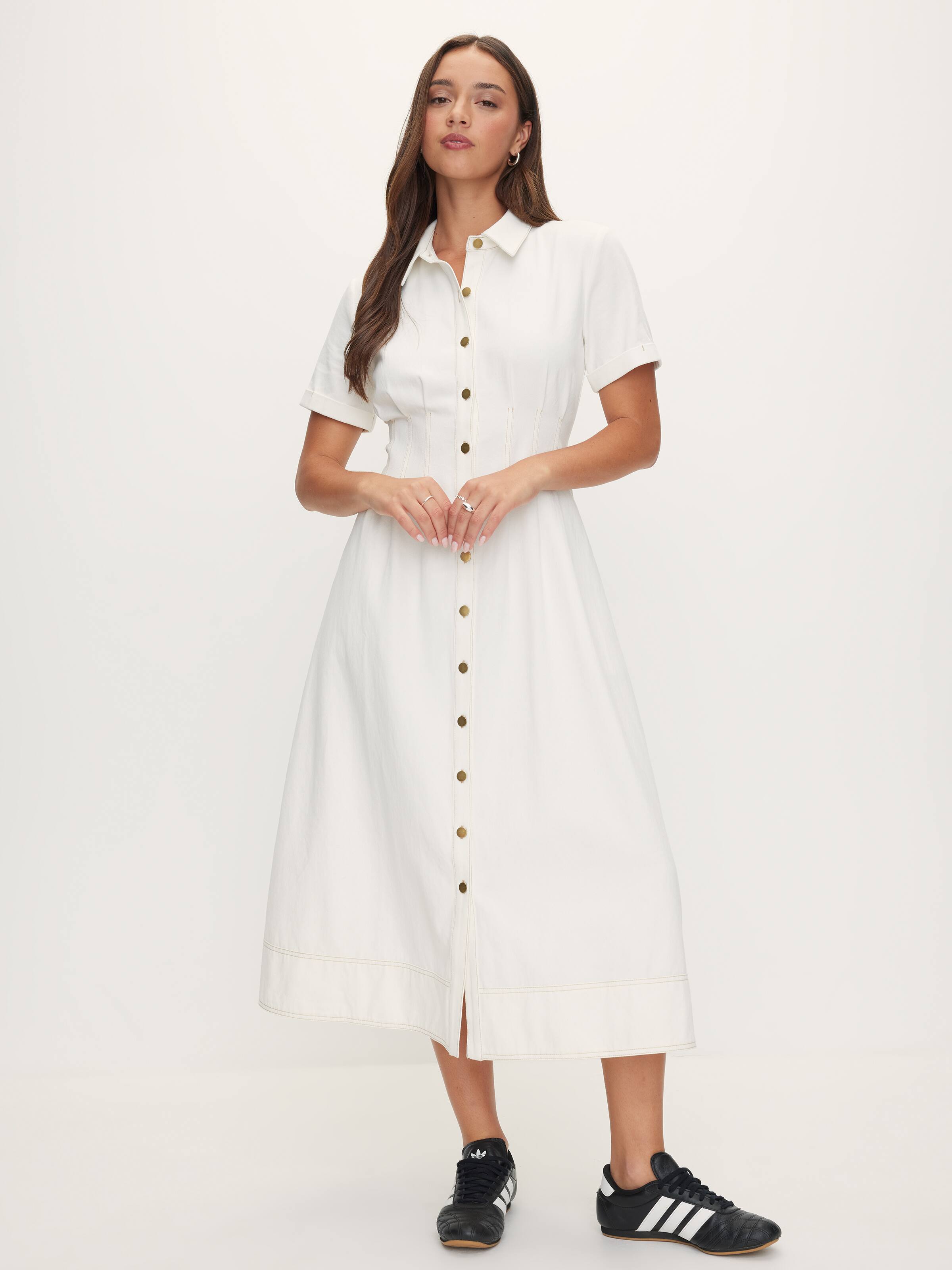 Crystal Short Sleeve Denim Midi Dress