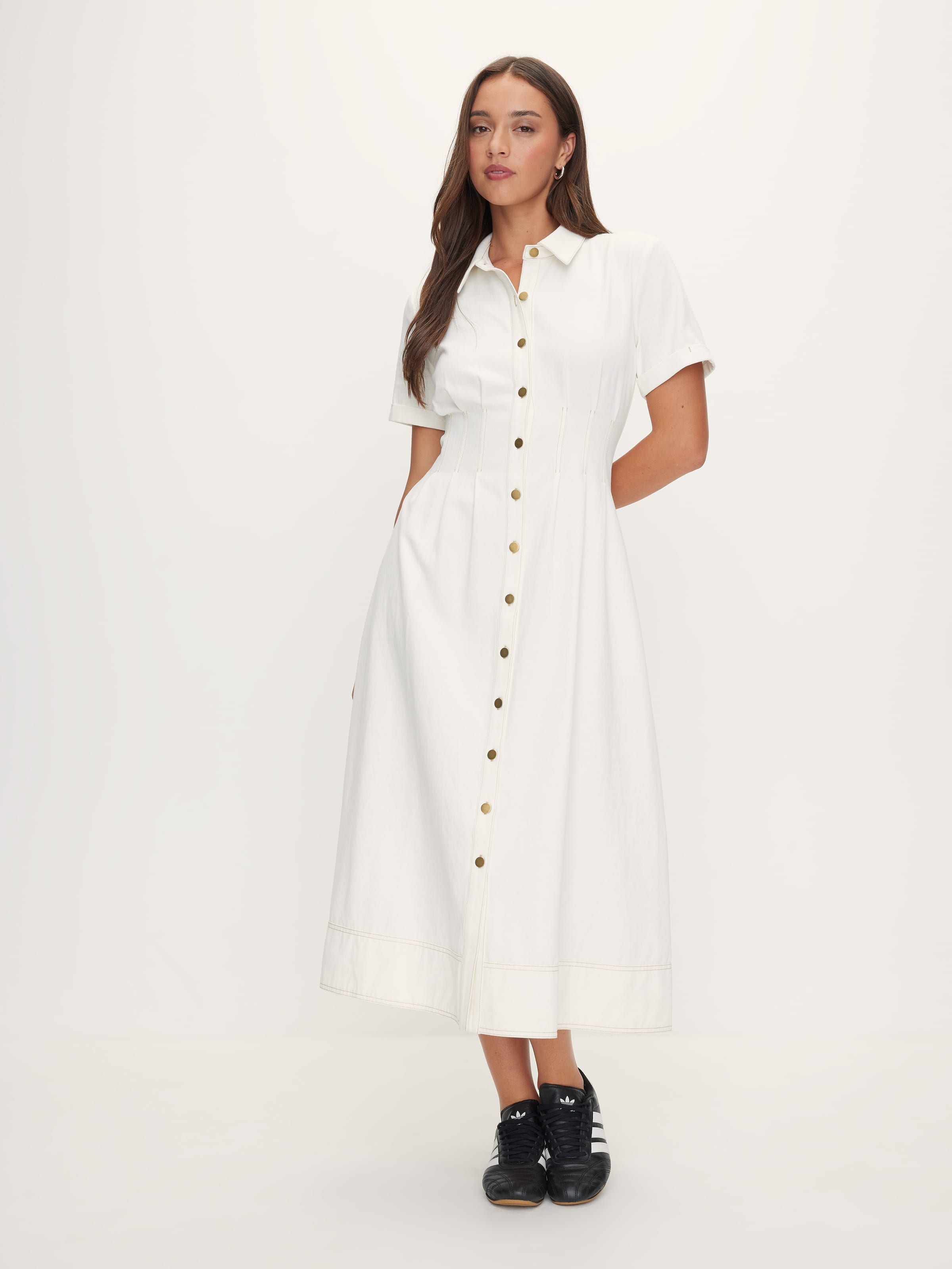 Crystal Short Sleeve Denim Midi Dress