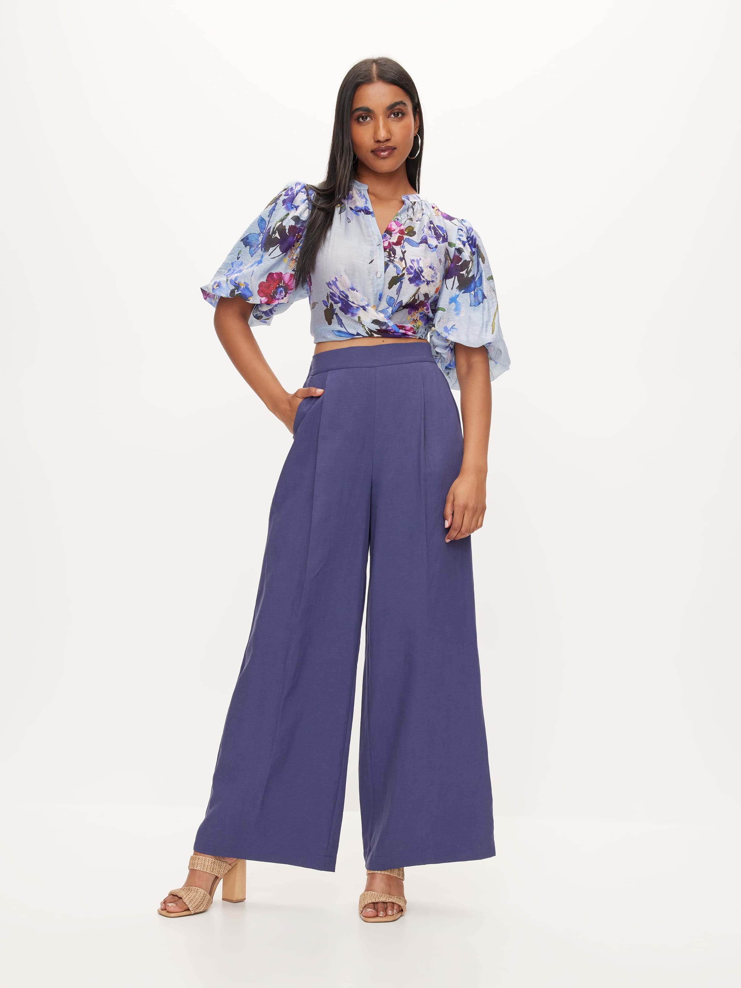 Buy Blue & Cream Floral Coord Wide Leg Crop Trousers 14R, Trousers