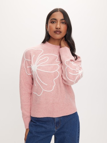 Flower Applique Long Sleeve Knit                                                                                                