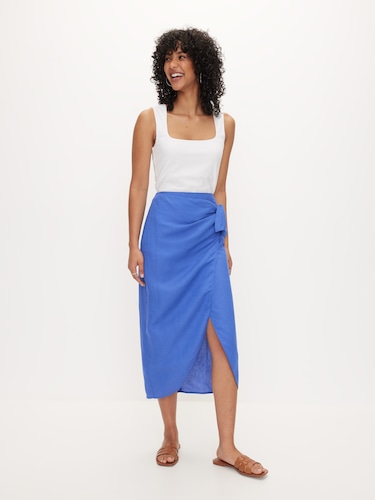 Olive Linen Blend Wrap Skirt                                                                                                    