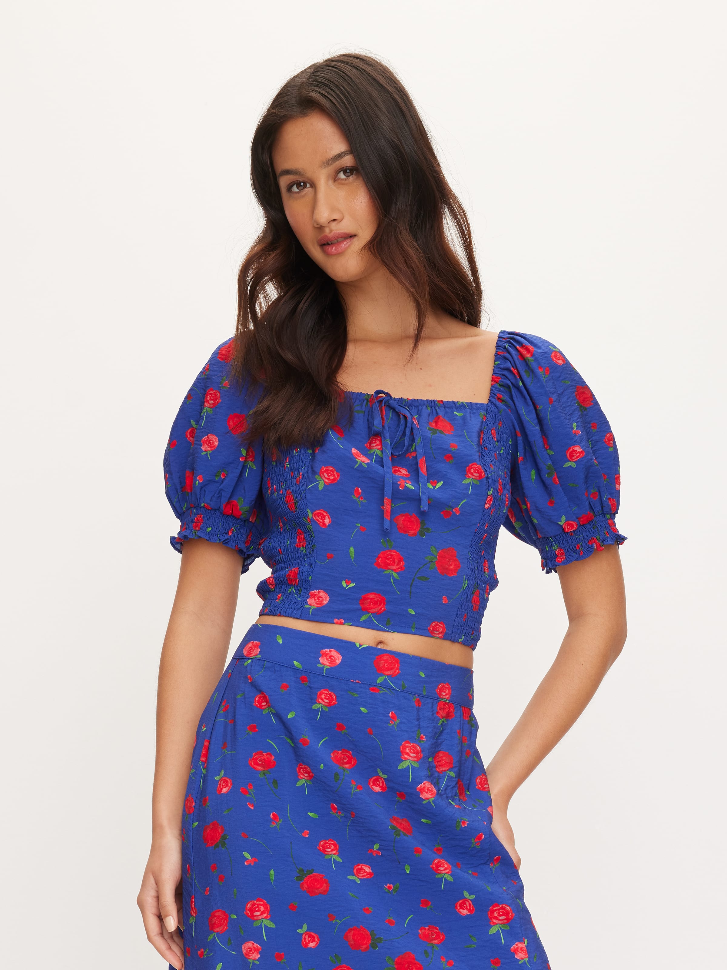 Rose Short Sleeve Shirred Blouse Red Rose - Dotti Online