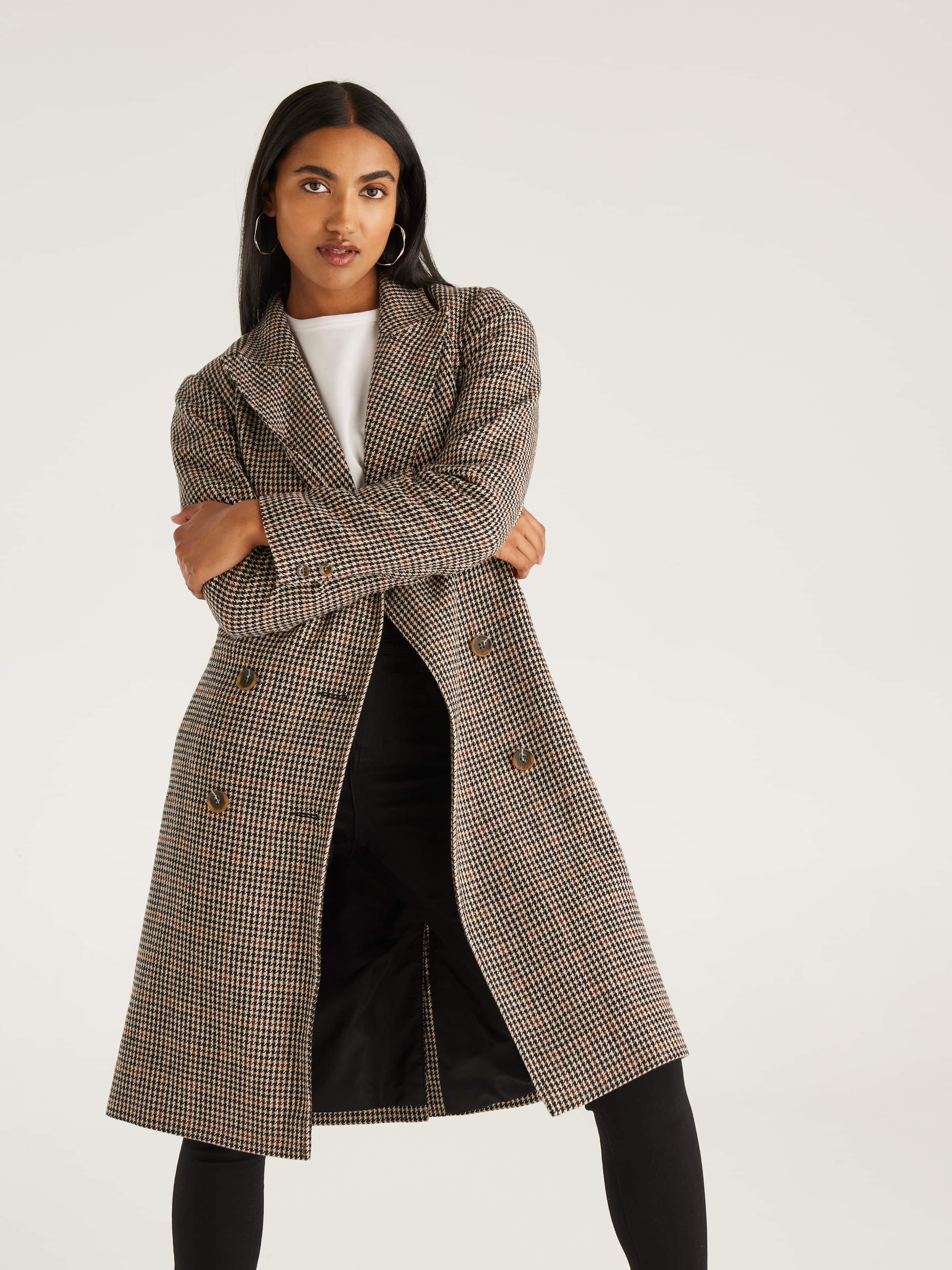 Romy Double Breasted Wrap Coat Houndstooth - Dotti Online