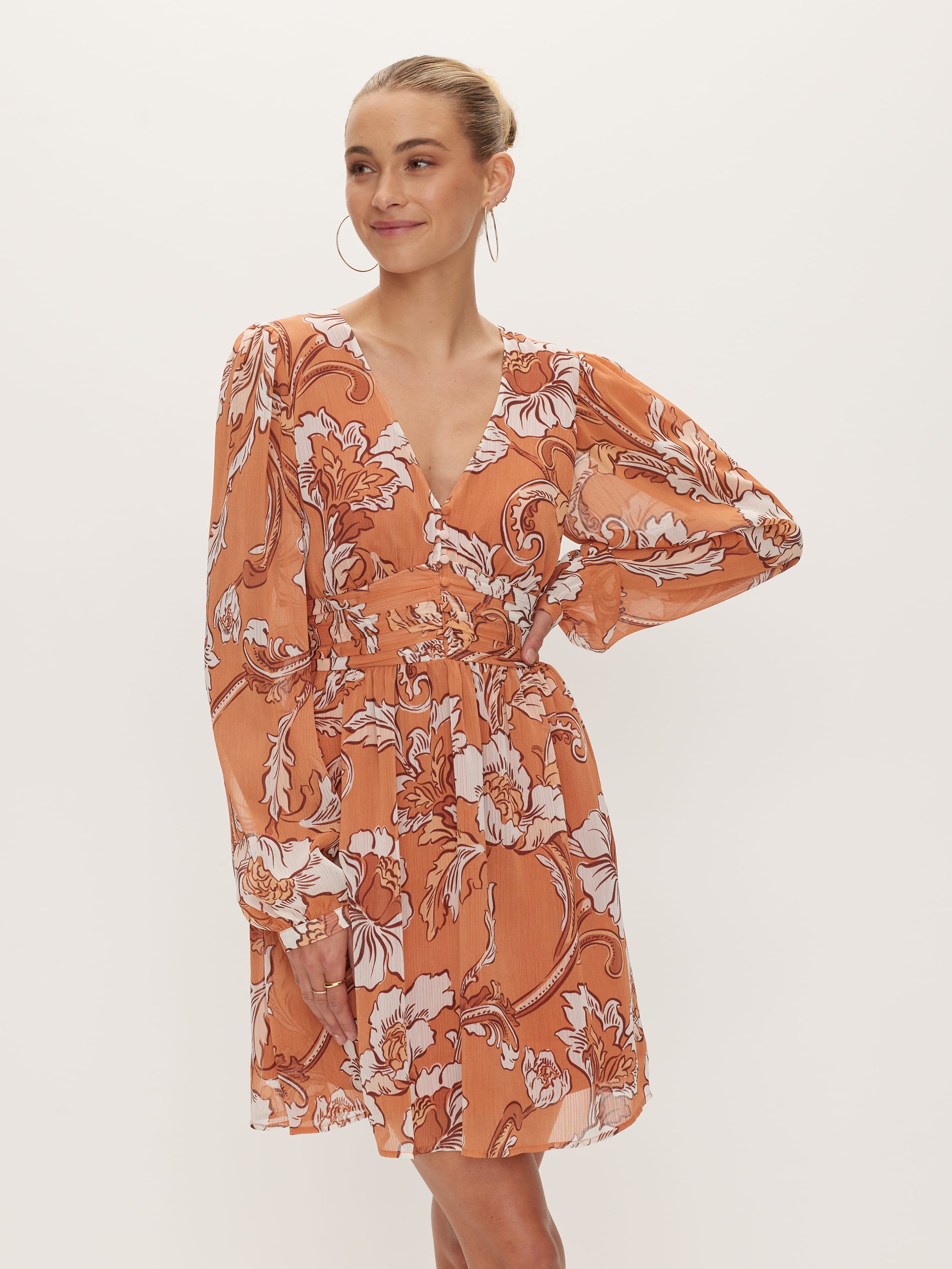 Montana Long Sleeve Mini Dress Rust Hero Print Dotti Online