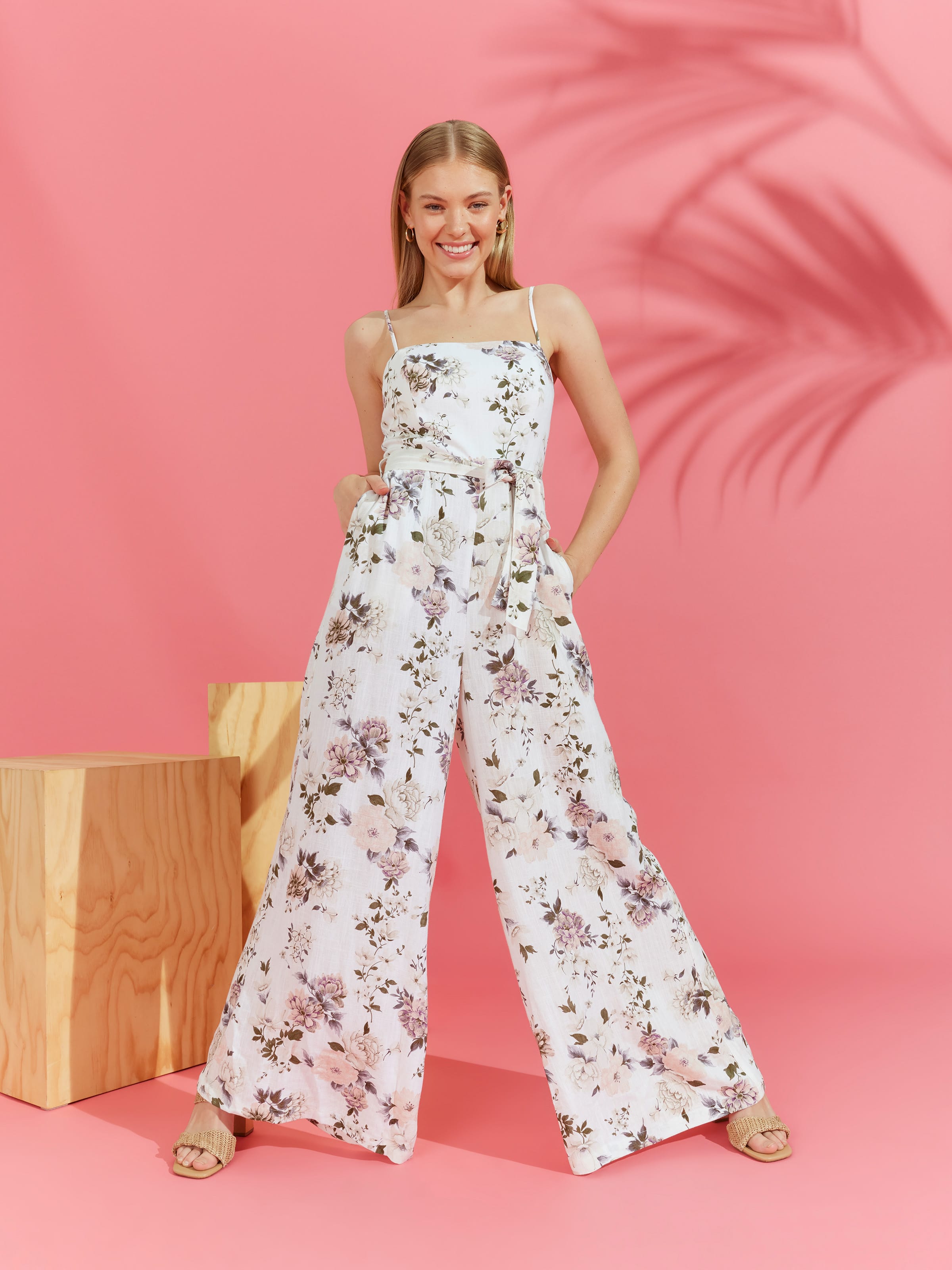 Linen Blend Milo Strappy Jumpsuit Natural Floral Wallpaper - Dotti Online