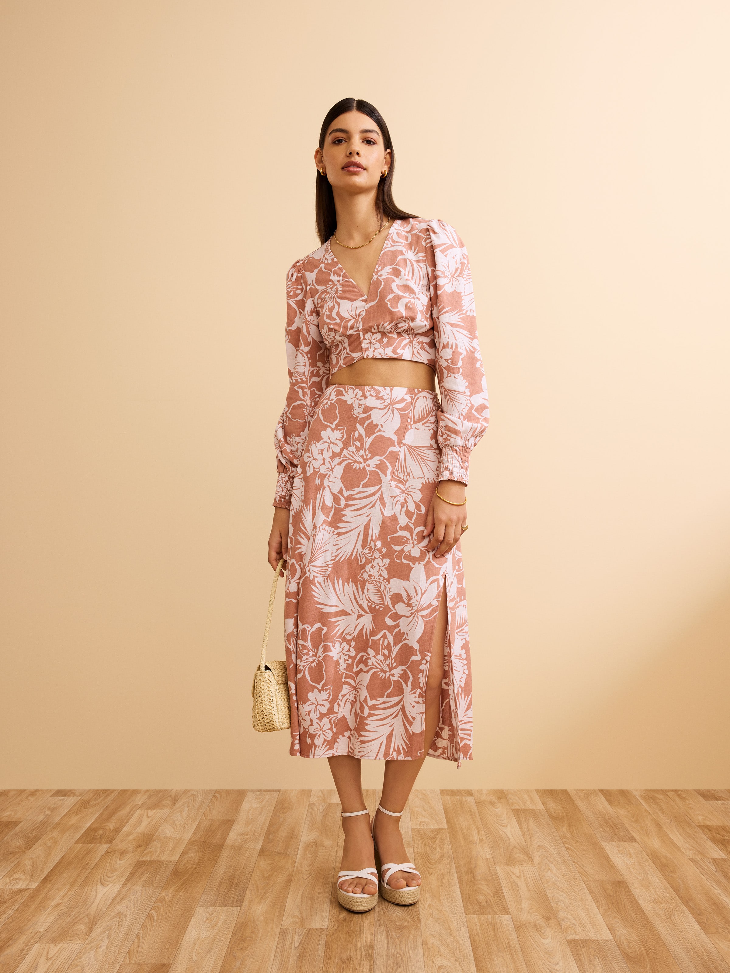 Sierra Linen Blend Midi Skirt Mocha Tropical Flowers - Dotti Online